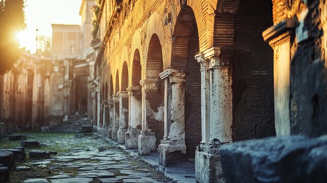 Sunlit Arches and Columns: The Majestic Exterior of the Theatre of Marcellus in Rome, Italy
