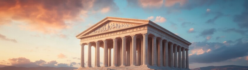 Obraz premium Majestic ancient temple against a vibrant sky at sunset, showcasing classical architecture and historical beauty.
