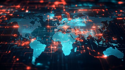 Obraz premium A Digital Map of the World with Red and Blue Lights