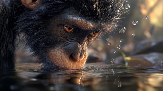 A close-up of a Dryopithecus drinking from a stream, its fur glistening with water droplets.