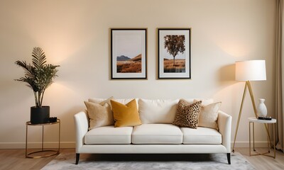 Inviting Interior: White Table and Artistic Decor Painting and Couch Against White Wall, Generative Ai