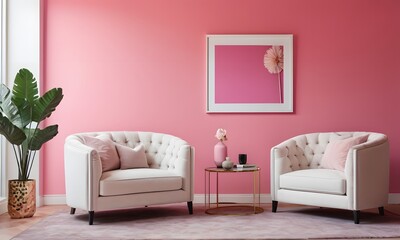 Modern Room Aesthetic: White Table with Art and Decor on Pink Wall, Generative Ai