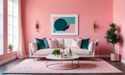 Stylish Interior: White Table Against Vibrant Pink Wall, Generative Ai