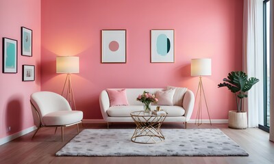 Eclectic Room Design: White Table and Decorative Art on Pink Wall, Generative Ai