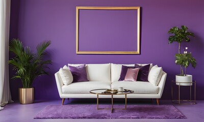 Colorful Interior Scene: White Table on Eye-Catching Voilet Wall, Generative Ai