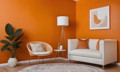 Contemporary Living Space Featuring White Table and Colorful Decor on orange wall, Generative Ai