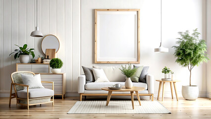 Mock up frame in home interior background, Scandinavian style, 3d render, white Mock up