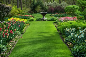 Fototapeta premium A picturesque summer garden with a neatly manicured lawn, bordered by flower beds filled with tulips, daffodils, and daisies, and a birdbath as the focal point.