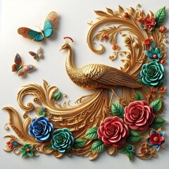 Obraz premium Flowers and a peacock surround a peacock golden with colored roses 