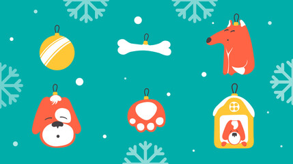 Set of New Year tree toys for dog lover. Flat vector illustration.