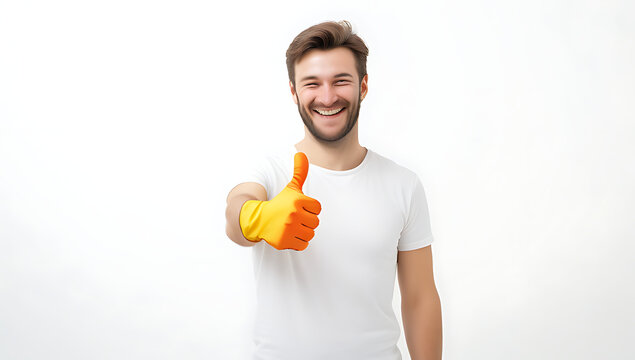 lone figure gives thumbs gloved hand pristine white backdrop conveying satisfaction appreciation job well done lighthearted uplifting way