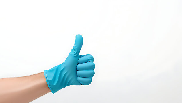 lone figure gives thumbs gloved hand pristine white backdrop conveying satisfaction appreciation job well done lighthearted uplifting way