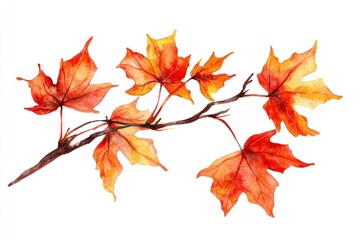 Watercolor Orange Autumn Leaves on Branch Generative AI