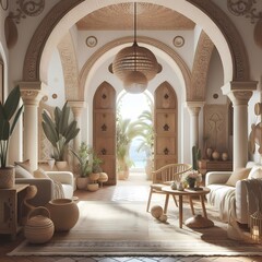 The modern home entryway and hall feature a boho, Mediterranean interior design with arched walls. (2)