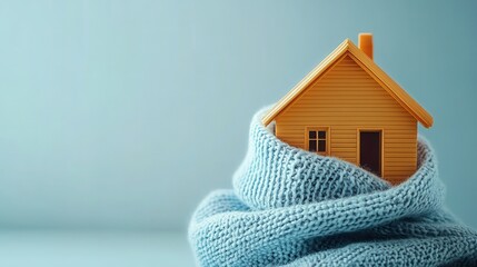 Home in a knitted scarf on a blue background, Concept of the heating system in a winterized house. keeping warm in the house