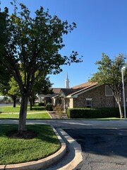 Large tree next to brown brick church building with steeple