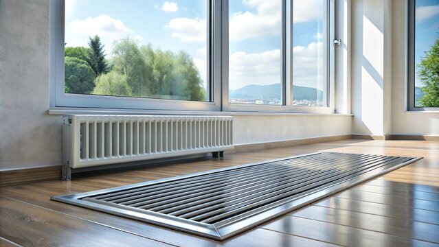 Metal grate for convector heating in floor next to window