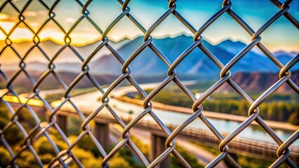 Fototapeta premium Metal patterned fence on blurred mountain and bridge aerial background