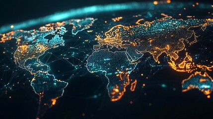 Fototapeta premium Digital World Map with Glowing Cities and Interconnected Lines
