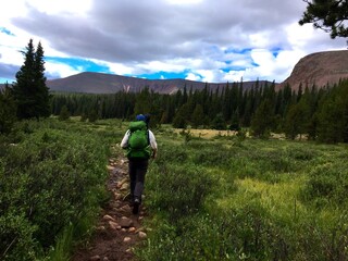 Naklejka premium Man wearing backpack hiking in mountain field
