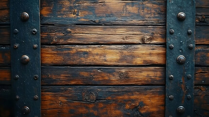 Fototapeta premium Dark Wood Texture Background with Metal Straps and Rivets