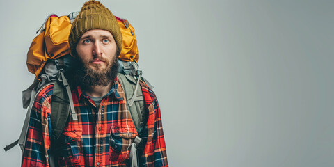 Obraz premium Adventurous Young Man with Backpack Ready for Outdoor Exploration