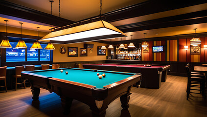 pool billiards table set engaging backdrop intriguing lighting fixtures bustling pool hall lively bar