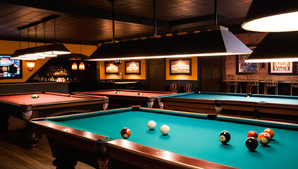 pool billiards table set engaging backdrop intriguing lighting fixtures bustling pool hall lively bar