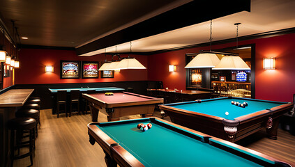 pool billiards table set engaging backdrop intriguing lighting fixtures bustling pool hall lively bar