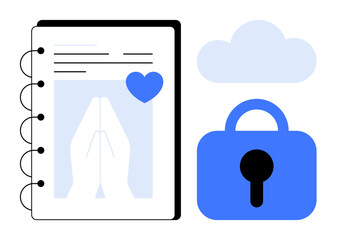 A notebook with praying hands symbol, a blue heart, and a blue lock below a cloud. Ideal for online security, digital privacy, faith-based notes, personal journal protection, and technology