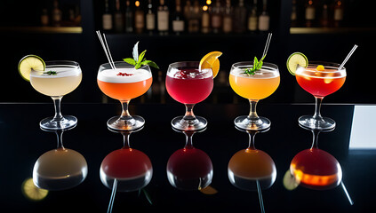selection vibrant cocktails artfully arranged sleek black bar surface directly perspective