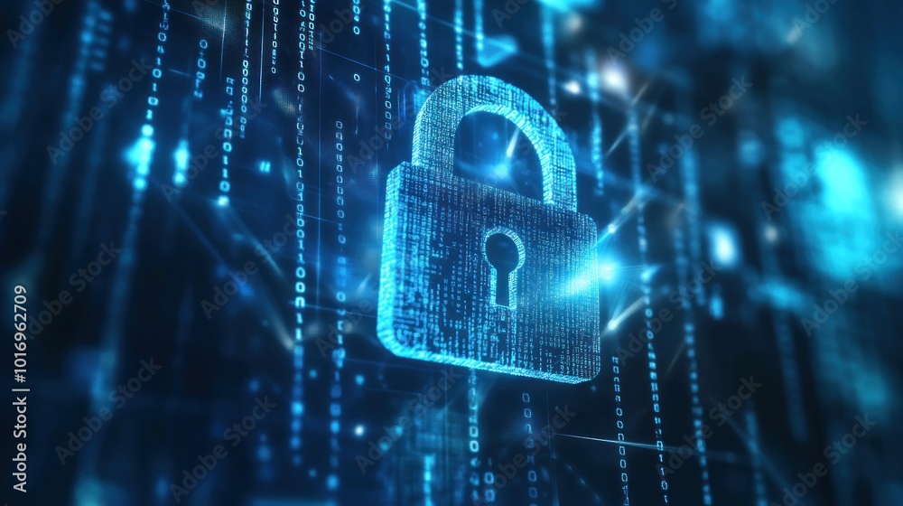Poster a digital padlock symbol amidst a backdrop of binary code, representing cybersecurity.