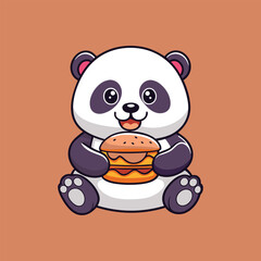 Cute Panda Enjoying Delicious Burger Meal Vector Icon Illustration.