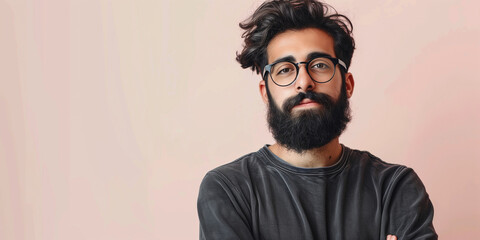 Obraz premium Confident Young Man with Beard and Glasses Posing Against a Soft Pink Background