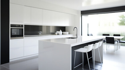 sleek modern kitchen design showcased blurred background featuring crisp white furniture clean lines
