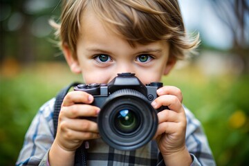 Boy with camera capturing moment of joy and adventure