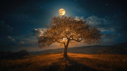 Majestic Tree Under a Full Moon at Night