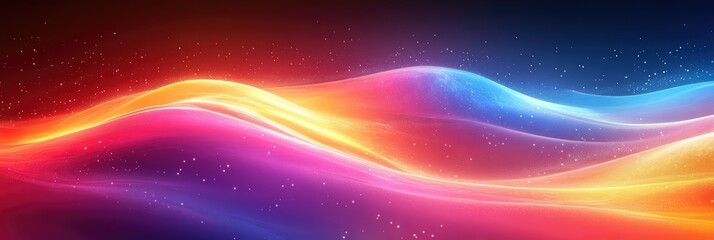 Abstract light trails are flowing in colorful waves against a dark background with sparkles