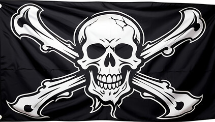 tattered pirate flag burnt edges displays bold black white design featuring skulls crossed bones emblazoned defiant phrase pirates