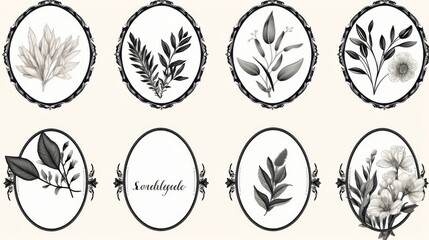 for product labels black and white text frames with plant leaves in the center oval, botanical print