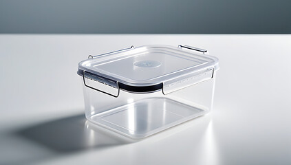 transparent plastic container integrated handle positioned clean white surface surrounded minimal clutter