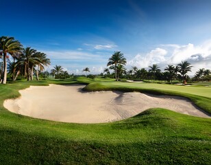 wide angled shot of a golf course with sand