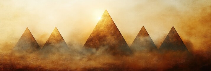 Mysterious and adventurous panoramic banner with five triangle mountain peaks on a grunge background