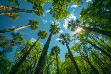 Fototapeta premium Aerial view of towering palm trees under a bright blue sky in a vibrant green forest
