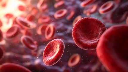 close-up of red blood cells flowing through human blood vessels, vibrant red color, rounded disc shape, smooth texture, biological process in motion