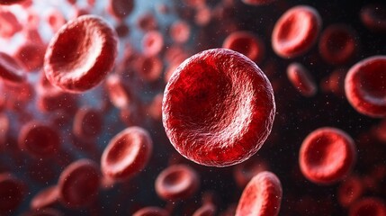 microscopic view of red blood cells, detailed cellular structure, flowing through capillaries, bright red hue, biconcave shape, essential for oxygen delivery