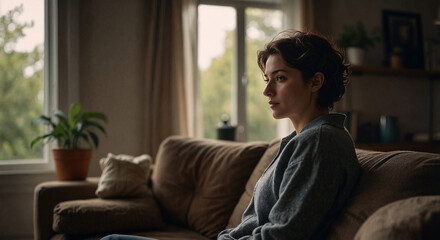Fototapeta premium Thoughtful young woman sitting on a sofa, reflecting on life with a plant in the background, copy space