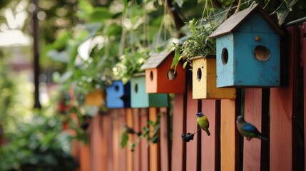 Colorful Birdhouses Along a Vibrant Garden Fence