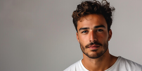 Obraz premium Confident Young Man with Stylish Hair Posing Against a Neutral Background