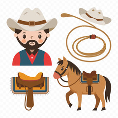 Set of Wild West Elements: Cowboy Equipment, Rodeo Silhouettes, and Lasso-Throwing American Cowboys on Horseback
